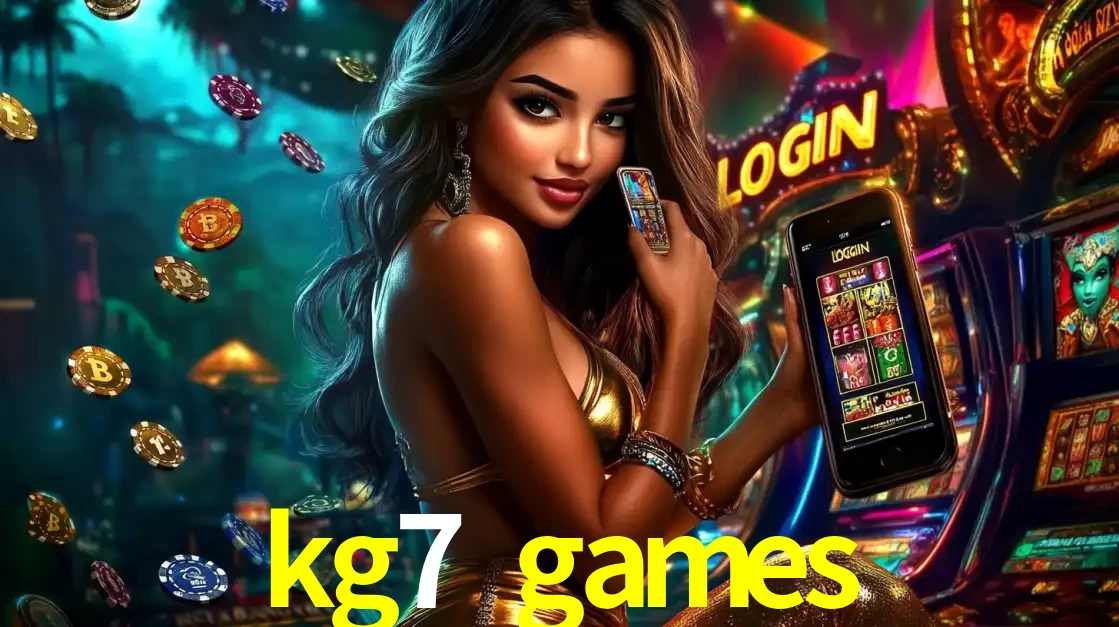 Mulher em um cenário de cassino temático de aventura, mostrando o app de caça-níqueis da kg7 games no celular. Fichas de apostas flutuam ao redor.