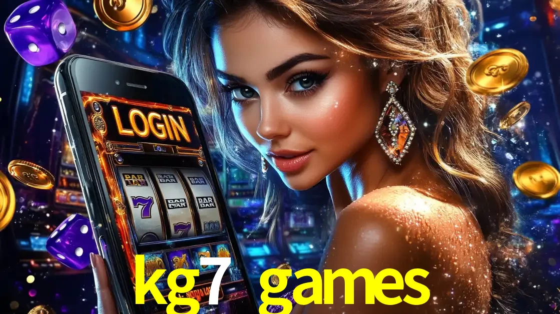 Mulher glamorosa segurando um smartphone com a tela de login para os jogos de caça-níqueis do cassino online kg7 games, com moedas de ouro e dados ao redor.
